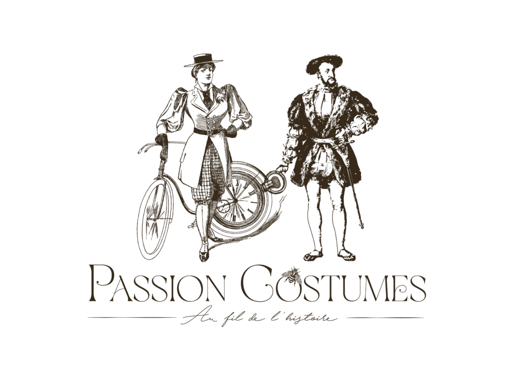 logo passion costumes, femme victorienne, homme renaissance, François 1er, vélo, temps qui passe,